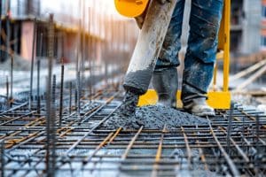 vConstruction worker controlling concrete pump on construction site with white background